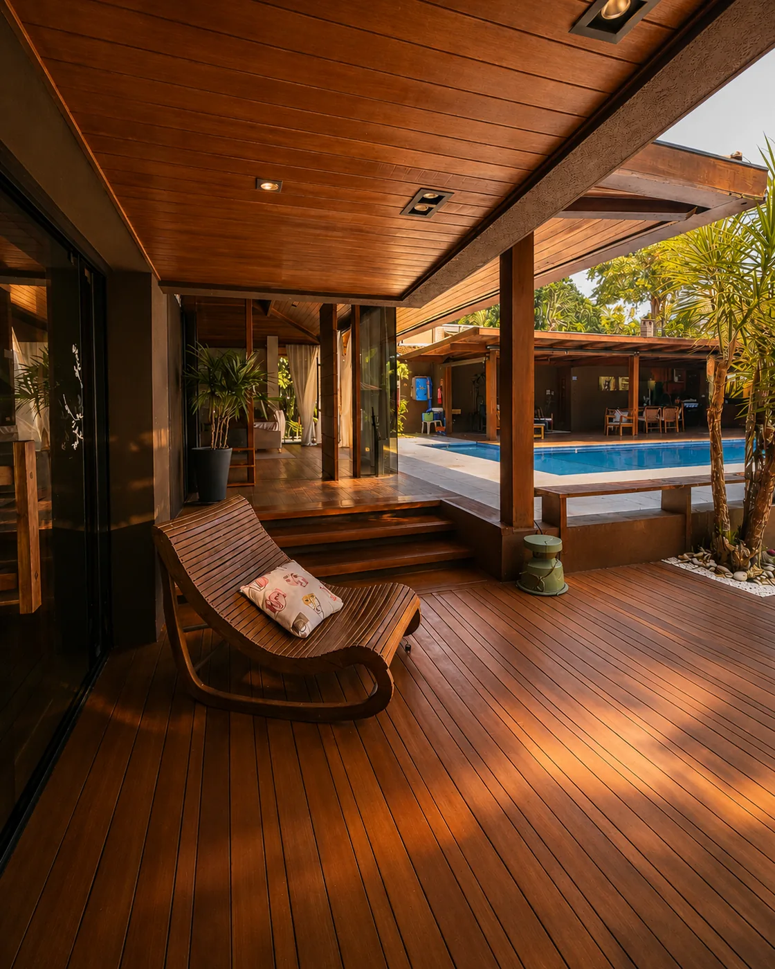Veranda with a sun lounger and wooden deck connected to the Casa Paraíso pool