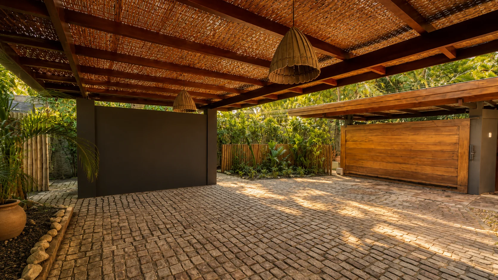 Vista frontal del garaje cubierto de Casa Paraíso, con pérgola de madera, portón de madera y jardín al fondo