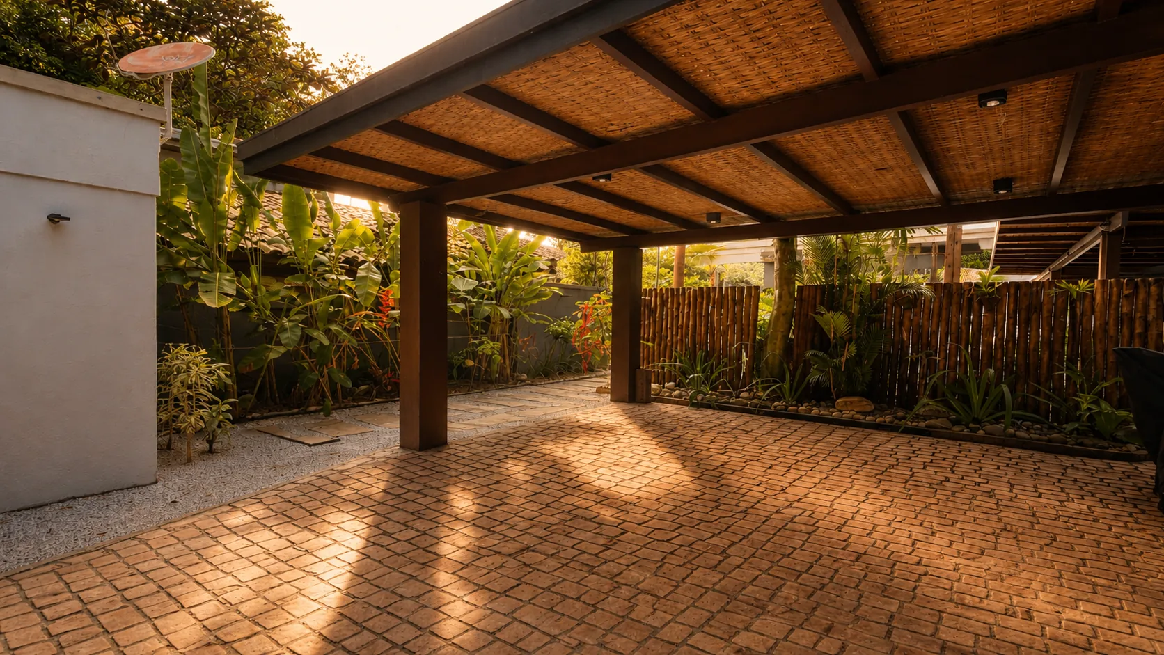 Deck coberto por pergolado de madeira ao lado da piscina da Casa Paraíso