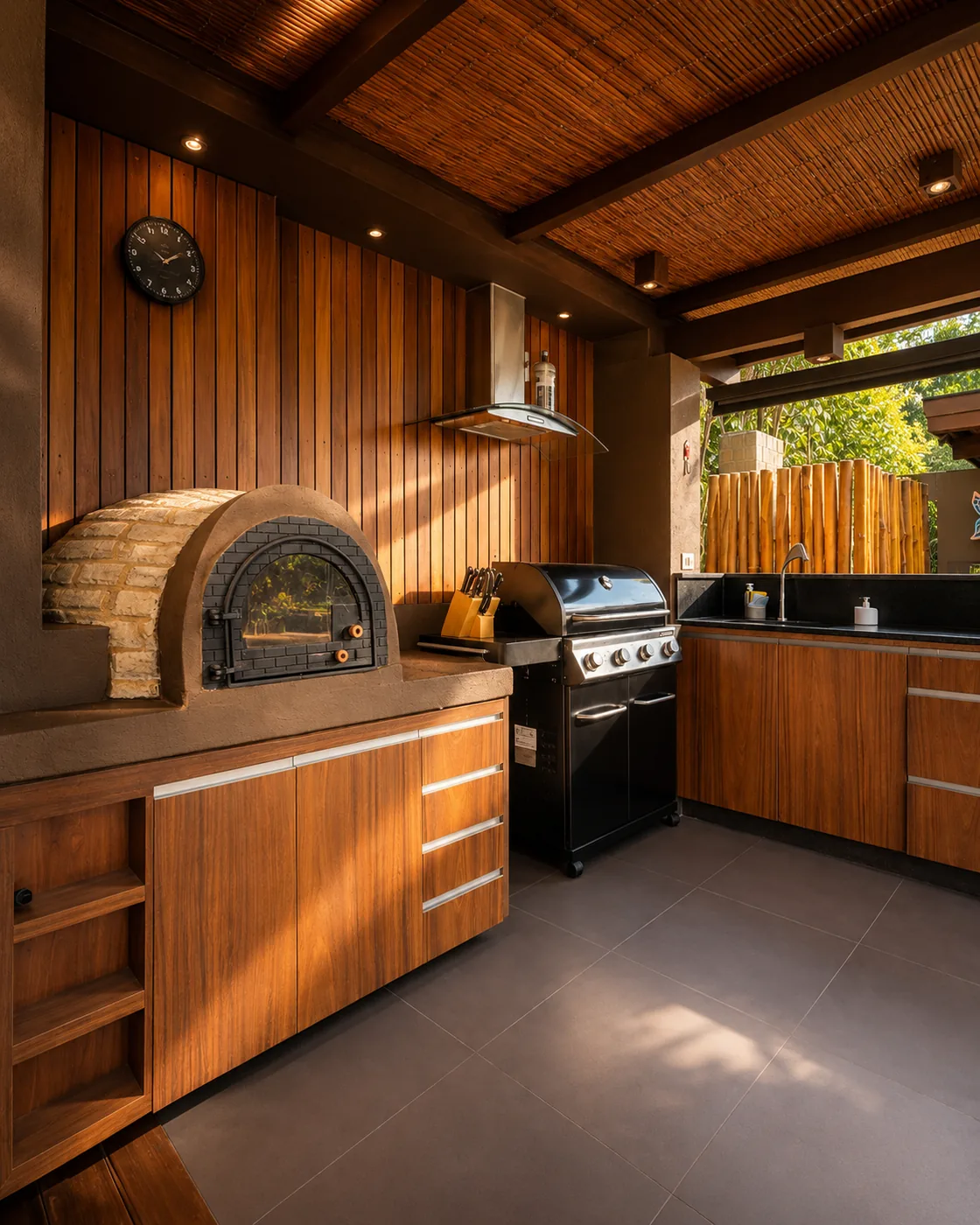Espaço gourmet da Casa Paraíso com forno de barro a lenha e churrasqueira