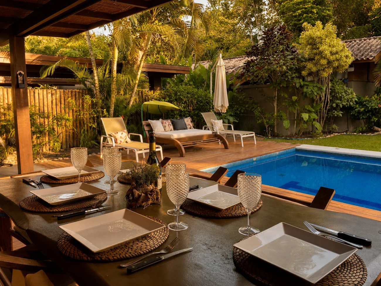 Mesa posta com taças no espaço gourmet da Casa Paraíso, com a piscina ao fundo