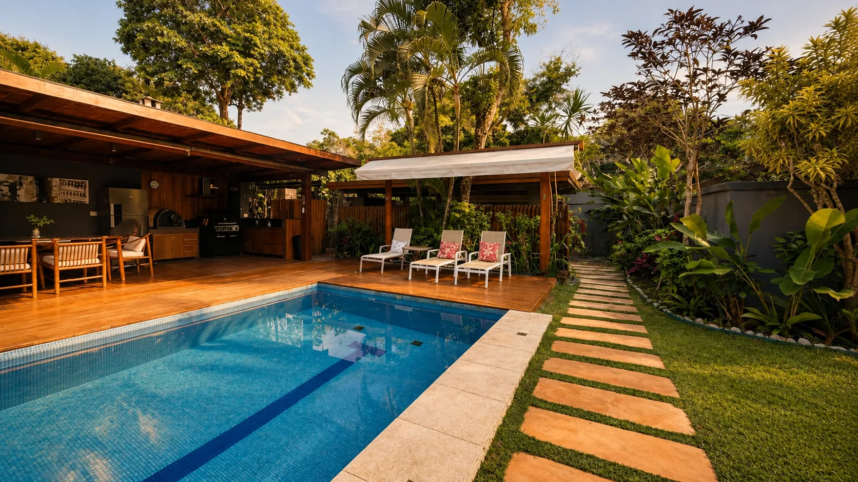 Piscina de Casa Paraíso en un día soleado, con deck y sendero de piedras en el jardín