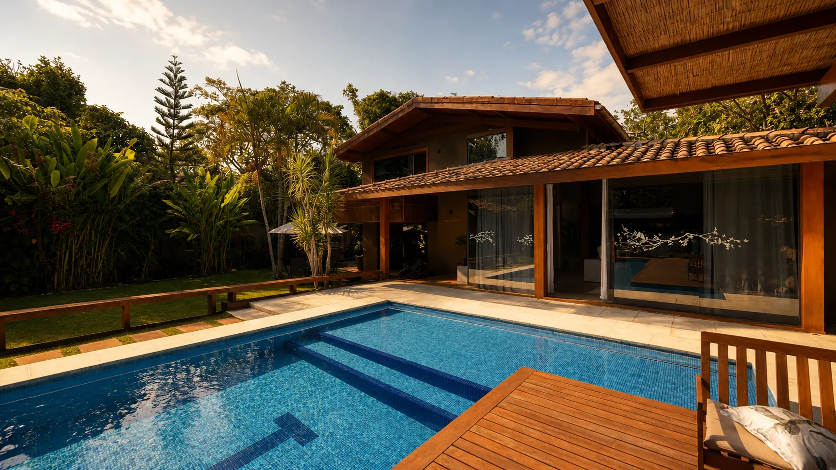 Piscina privada de Casa Paraíso con deck de madera y la casa al fondo