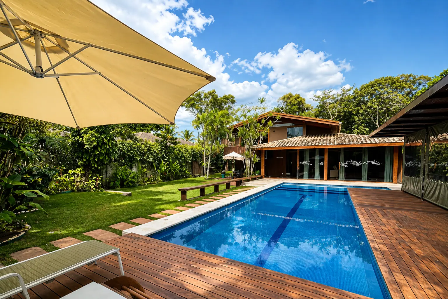 Vista panorâmica da piscina da Casa Paraíso com a casa ao fundo