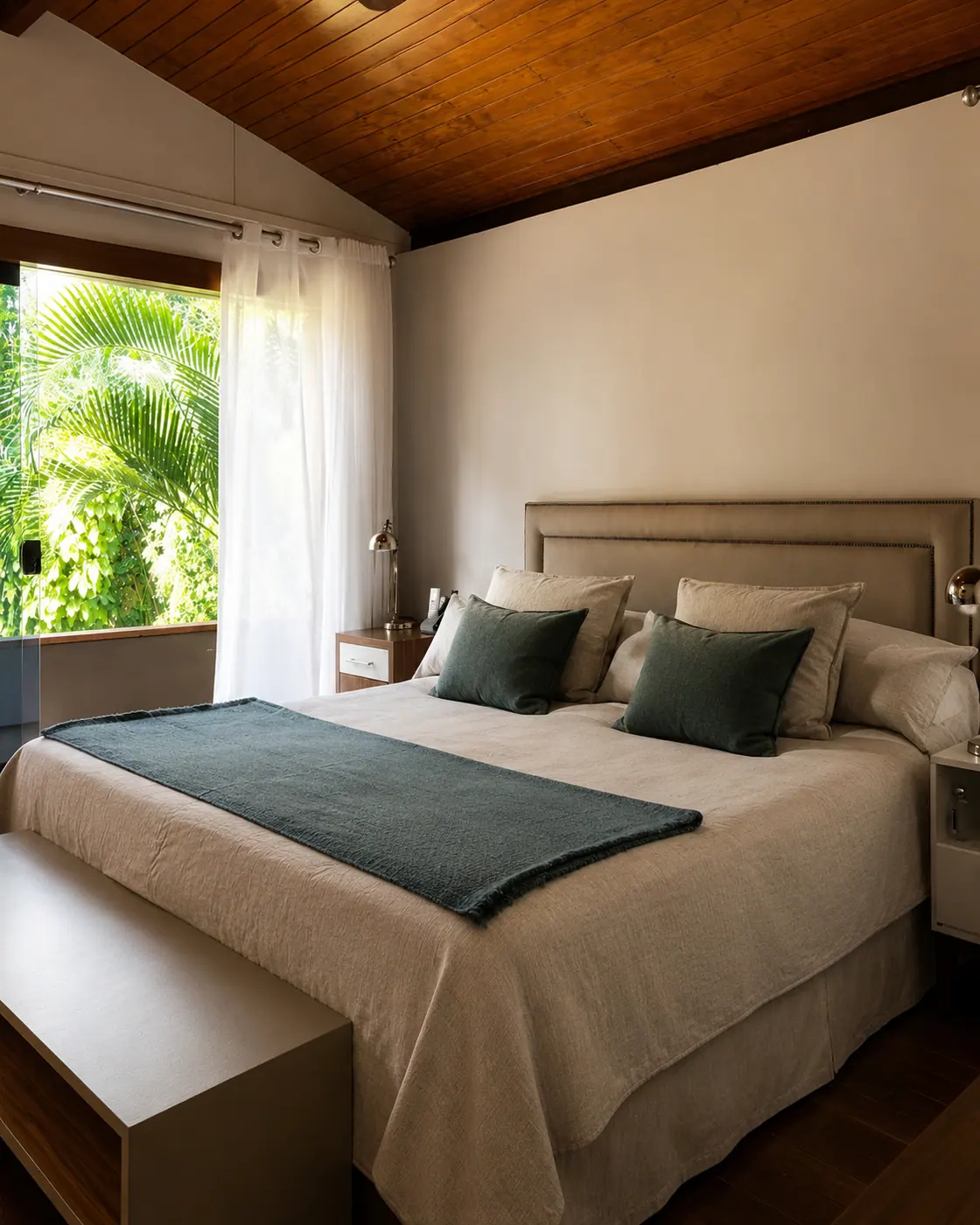 Quarto da Casa Paraíso com almofadas verdes