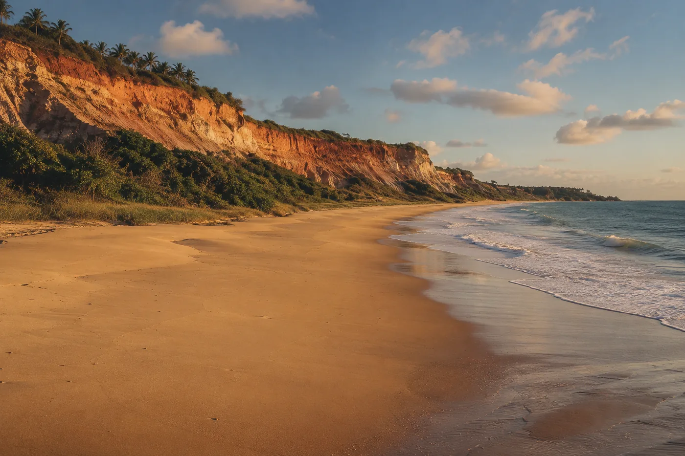 Falésias vermelhas e areia deserta na Praia do Taípe, em Arraial d'Ajuda