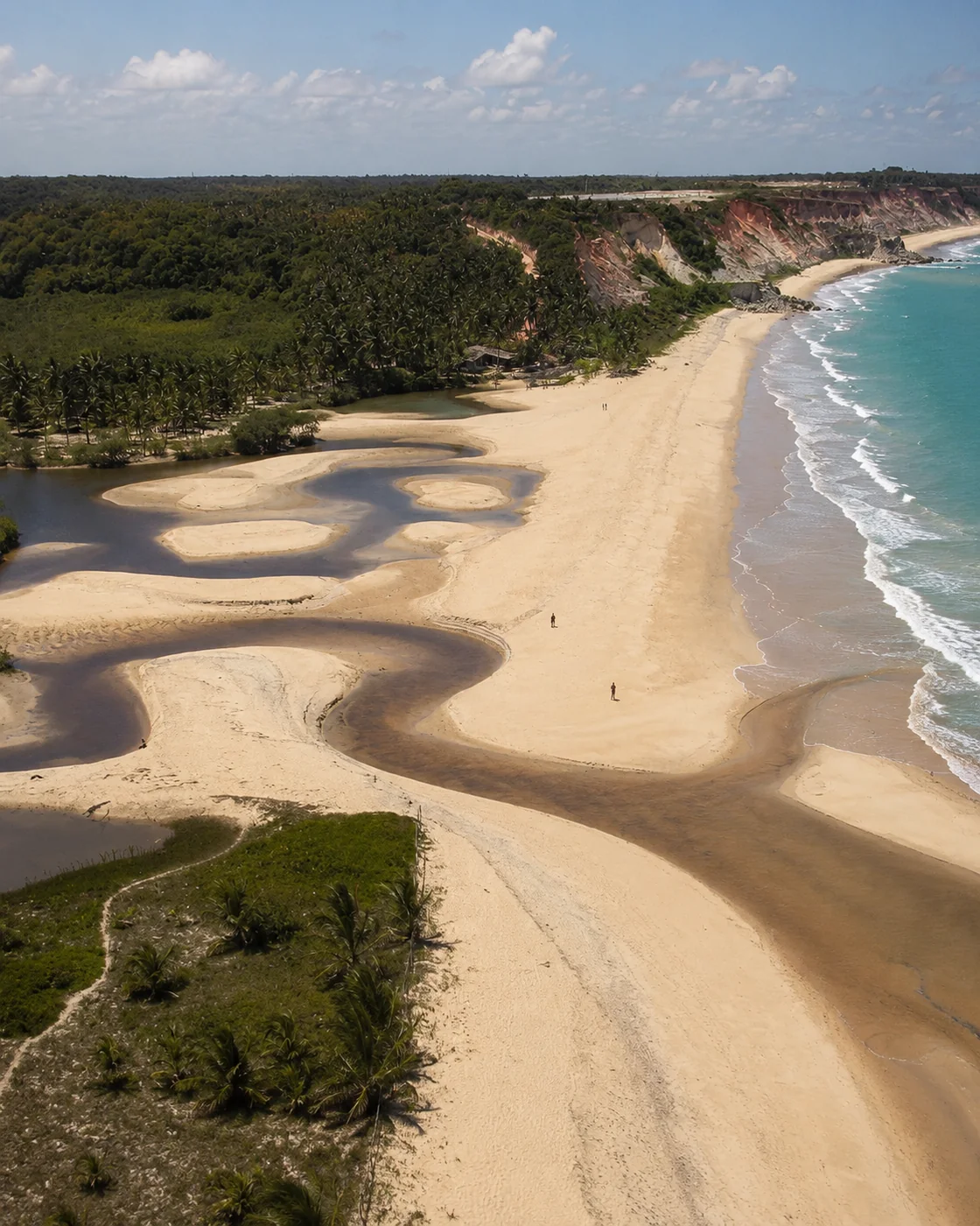 Acantilados rojos y arena desierta en Praia do Taípe, en Arraial d'Ajuda