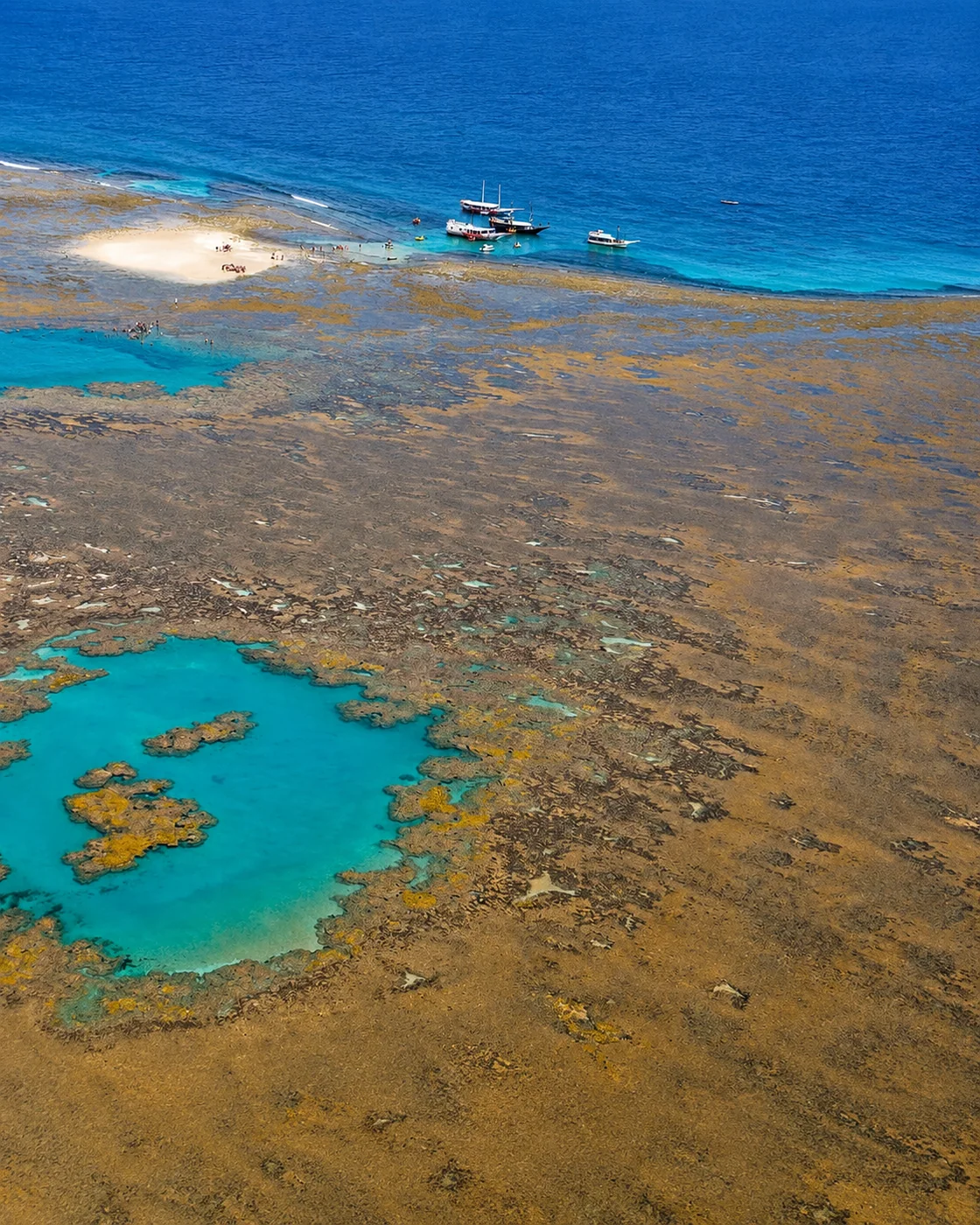 Arrecifes que forman piscinas de agua transparente en la costa de Arraial d'Ajuda, con cocoteros junto a la arena